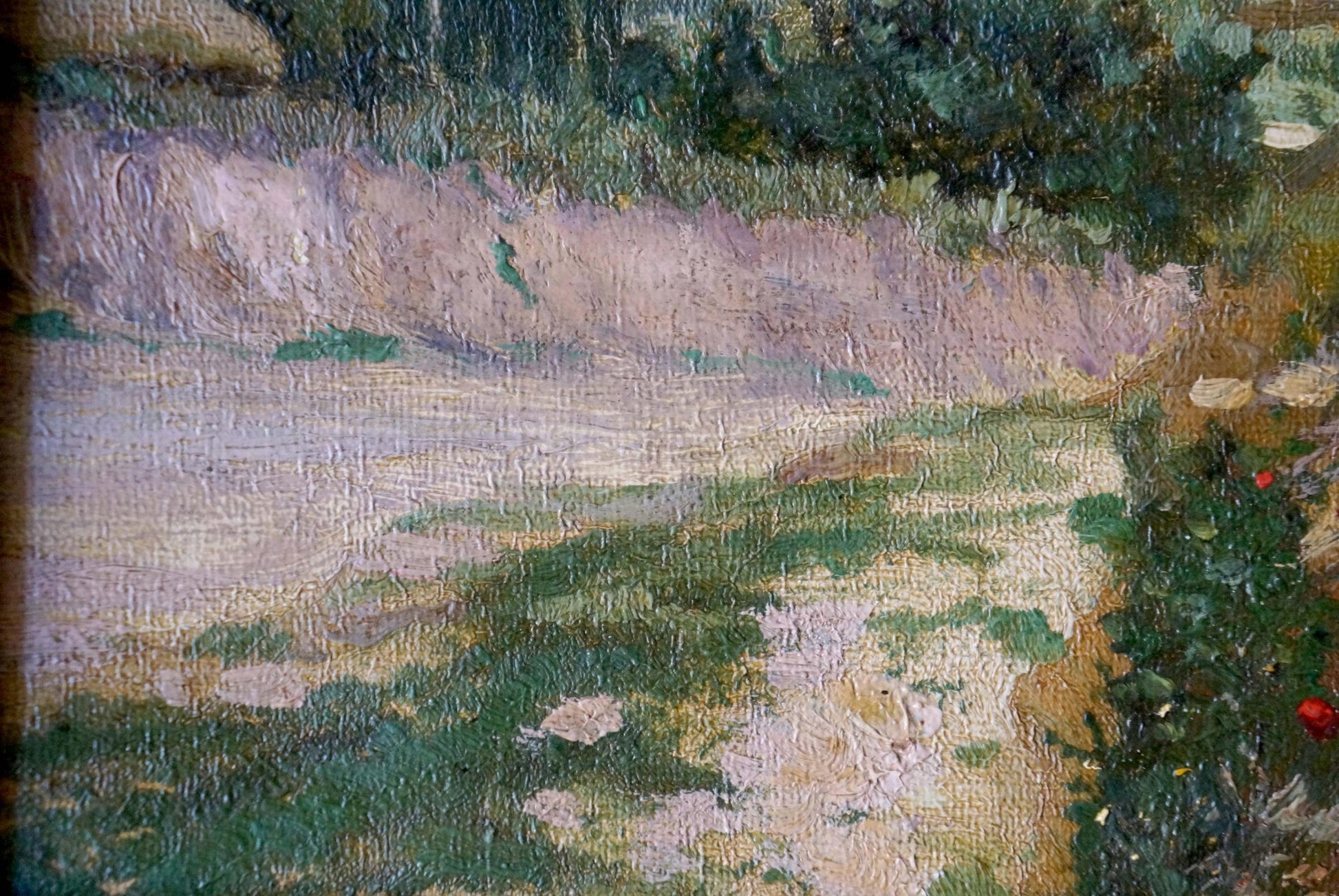 Oil painting Field: sunlit garden path with lush green foliage and lavender earth