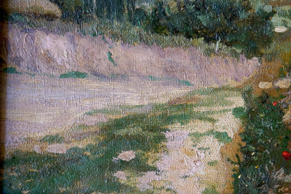 Oil painting Field: sunlit garden path with lush green foliage and lavender earth