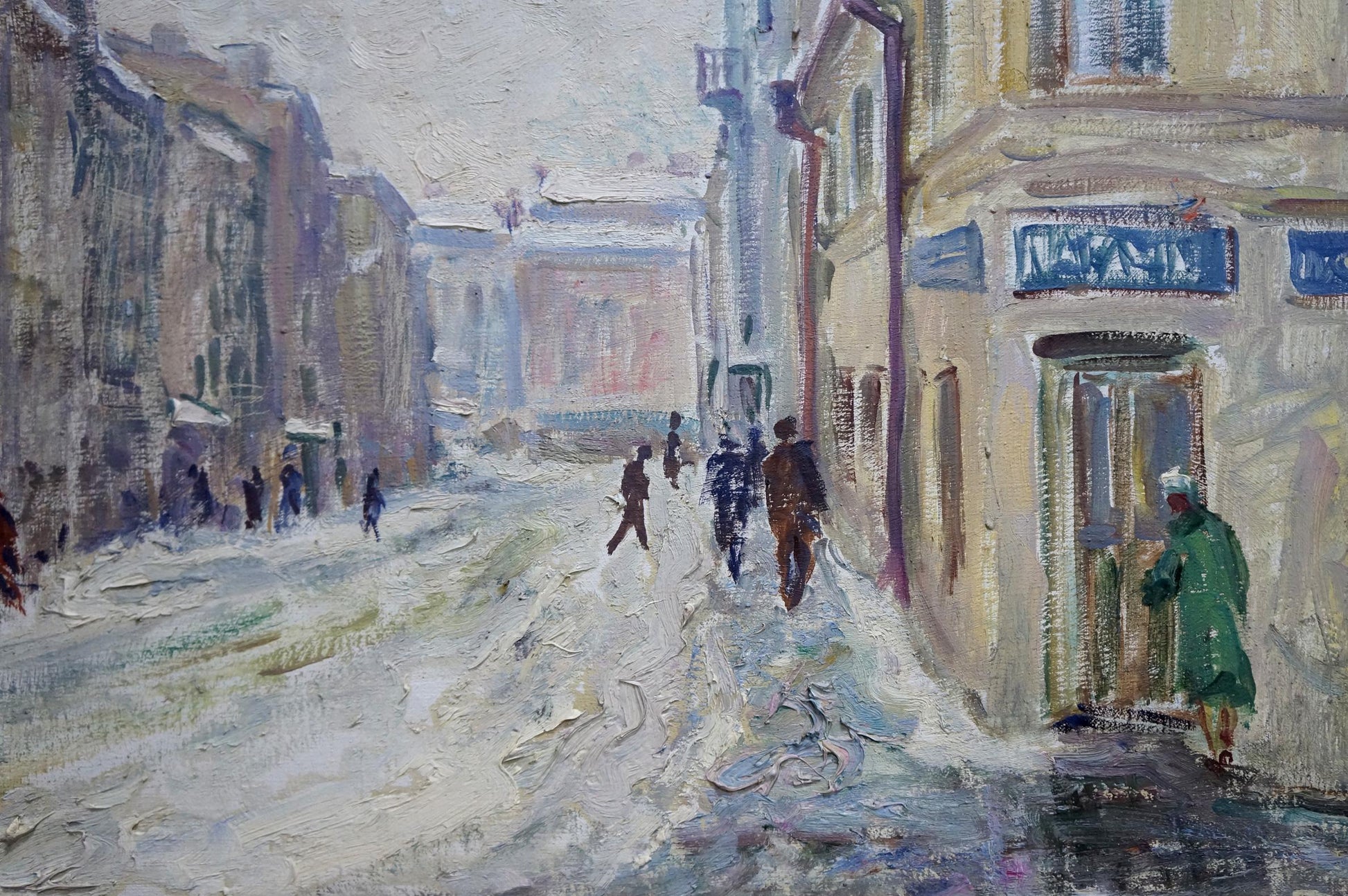 Impressionistic oil painting of snowy urban alley by Basov Yakov Alexandrovich