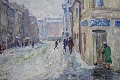 Impressionistic oil painting of snowy urban alley by Basov Yakov Alexandrovich