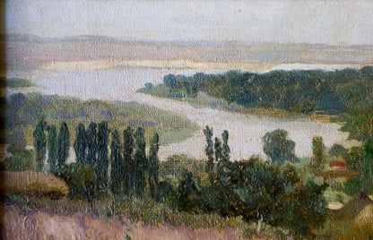 Oil painting Field: serene river through lush green hills under hazy sky