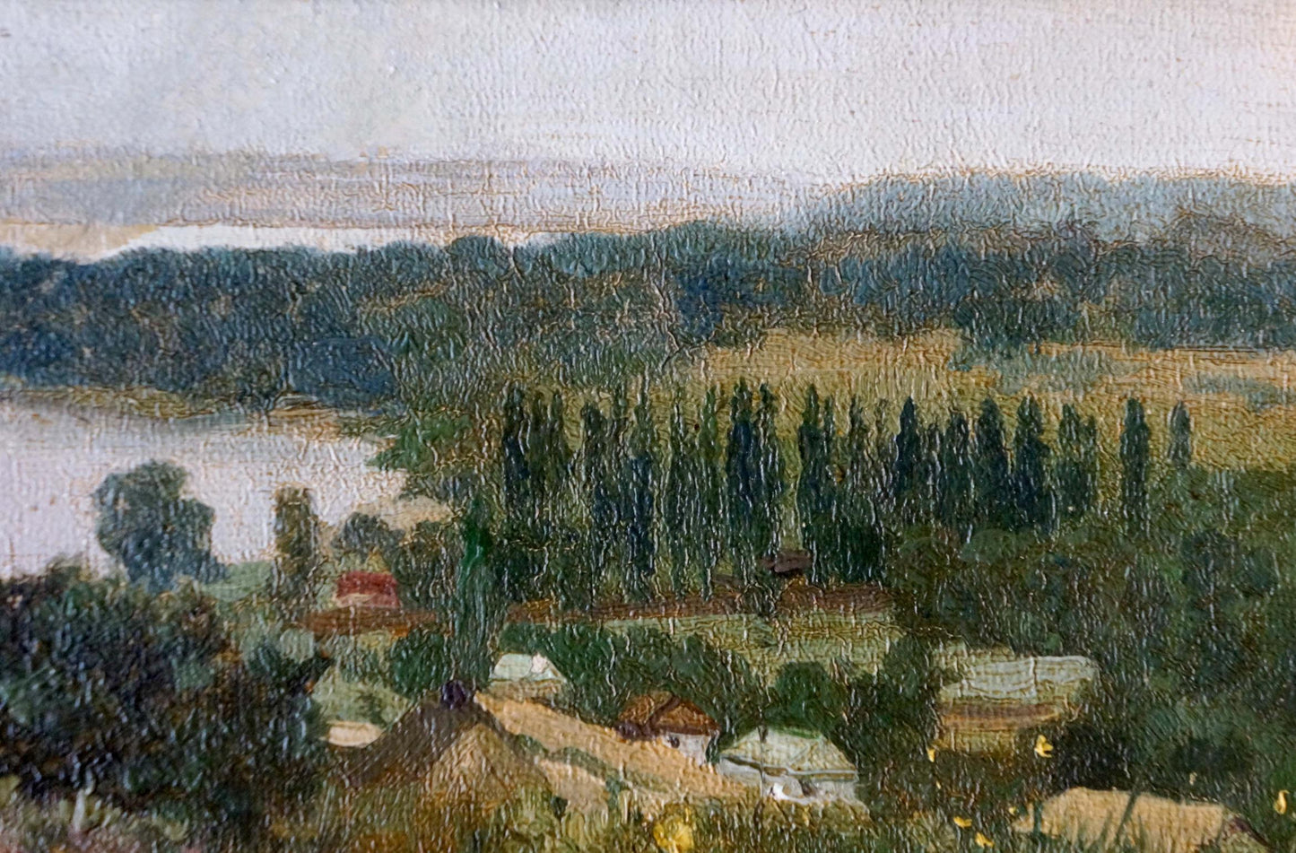 Oil painting Field: serene textured landscape with hills, forests, village rooftops