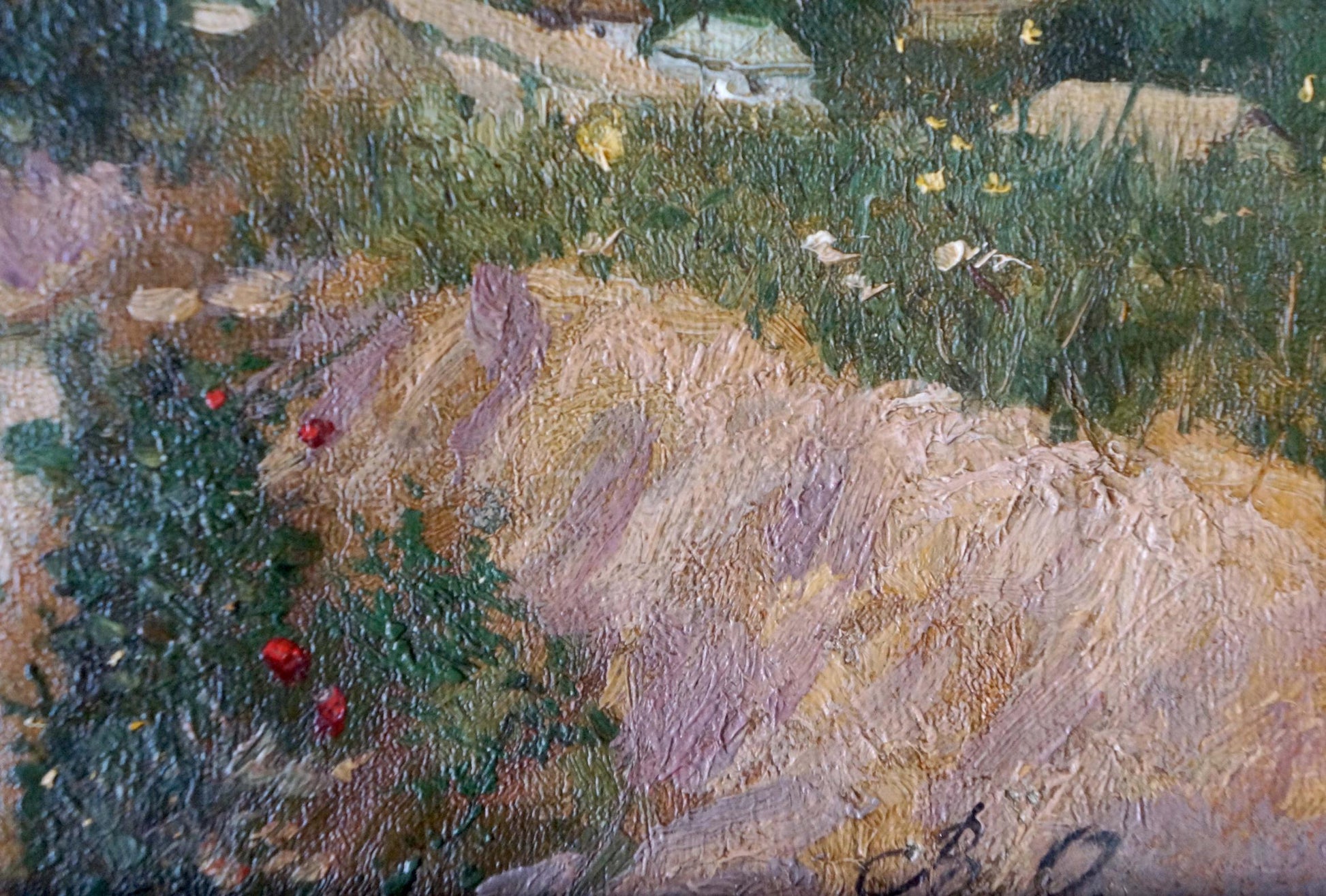 Oil painting Field: textured garden with lush grass, wildflowers, red blooms