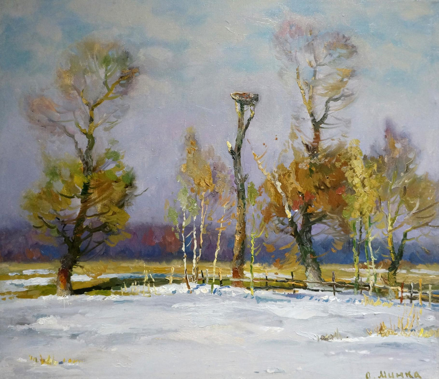 Oil painting by Alexander Mynka: autumn trees with golden leaves in snowy landscape
