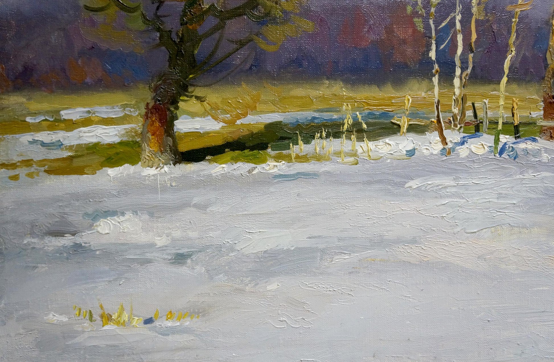 Oil painting of snow-covered landscape with bare trees by Alexander Mynka