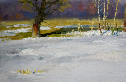 Oil painting of snow-covered landscape with bare trees by Alexander Mynka