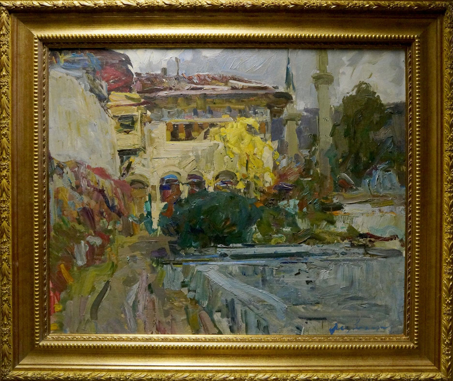 Vibrant impressionist urban landscape oil painting by Fedor Zakharov in gilded frame