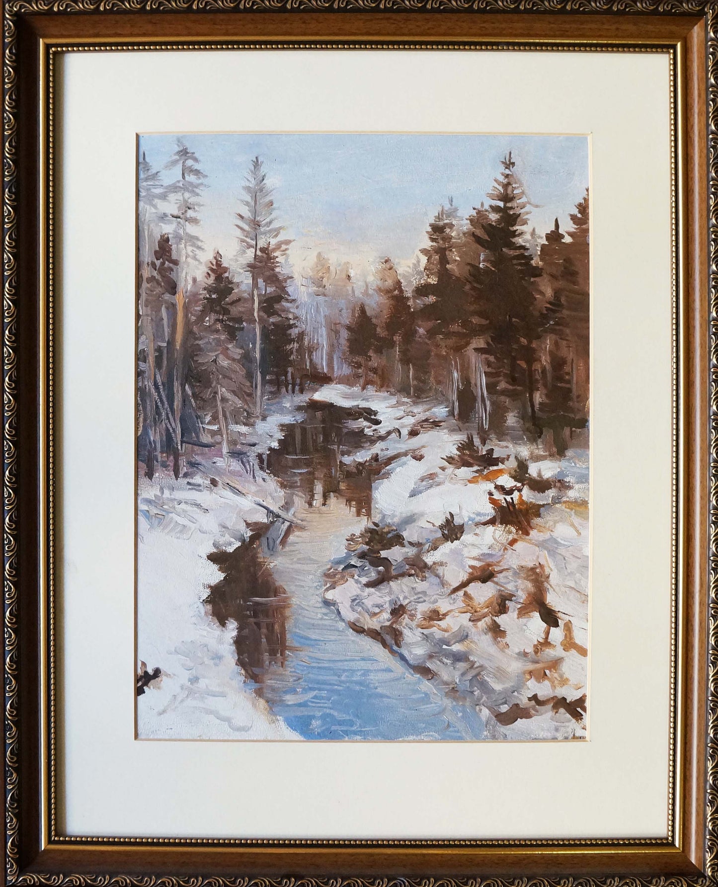 Oil painting Winter stream in the forest in ornate wooden frame