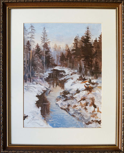 Oil painting Winter stream in the forest in ornate wooden frame