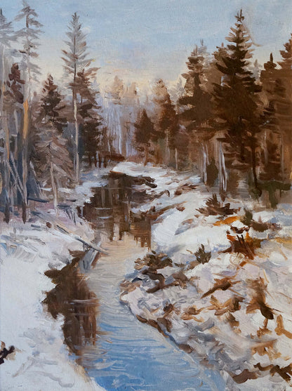 Serene winter stream in forest oil painting by unknown artist
