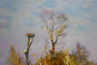Oil painting of slender leafless tree in winter forest by Alexander Mynka
