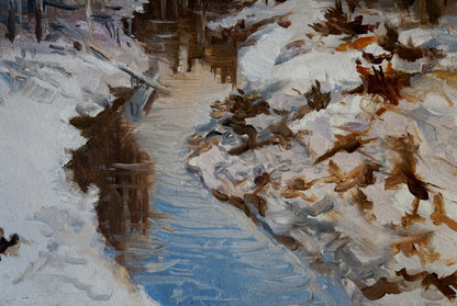Oil painting Winter stream in the forest snowy landscape with blue stream