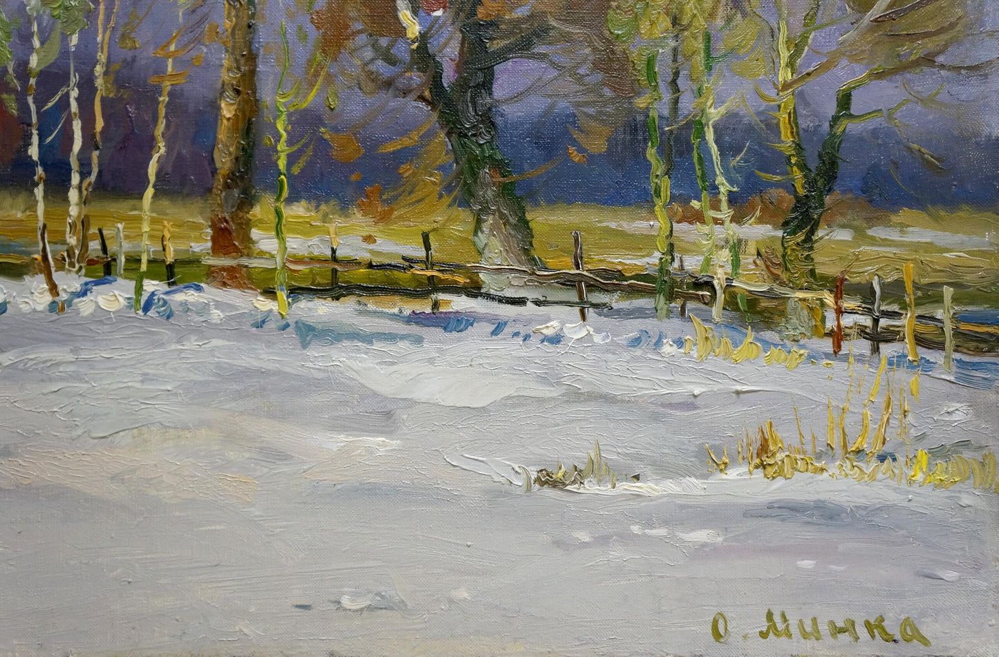 Oil painting of snowy landscape with bare trees and fence by Alexander Mynka
