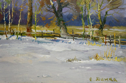 Oil painting of snowy landscape with bare trees and fence by Alexander Mynka