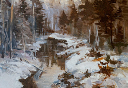 Oil painting of winter stream in snowy forest by unknown artist