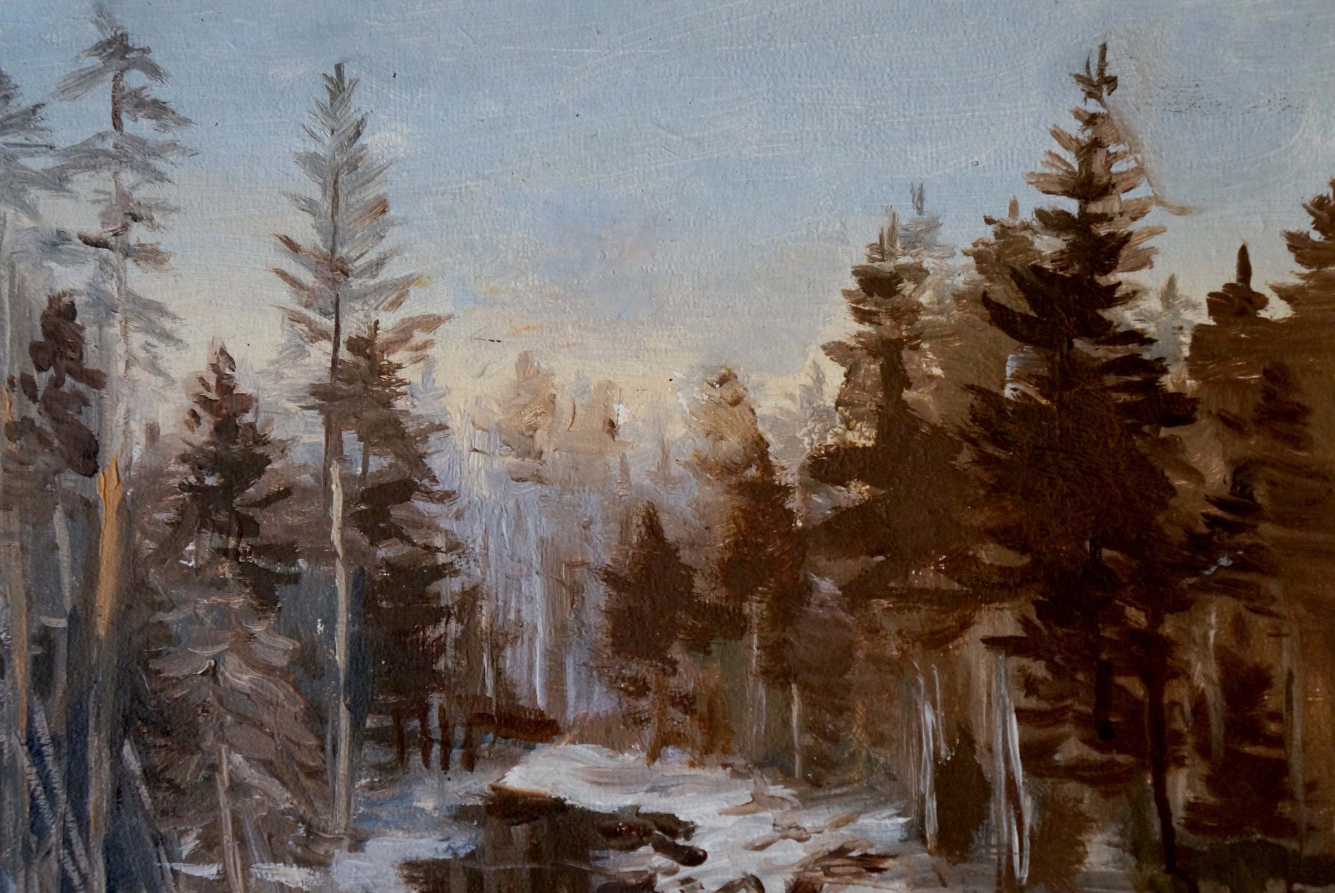 Serene winter stream in forest oil painting on canvas