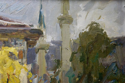 Oil painting of mosque with minarets and trees by Zakharov Fedor Zakharovich