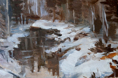 Oil painting of winter stream in snowy forest by unknown artist