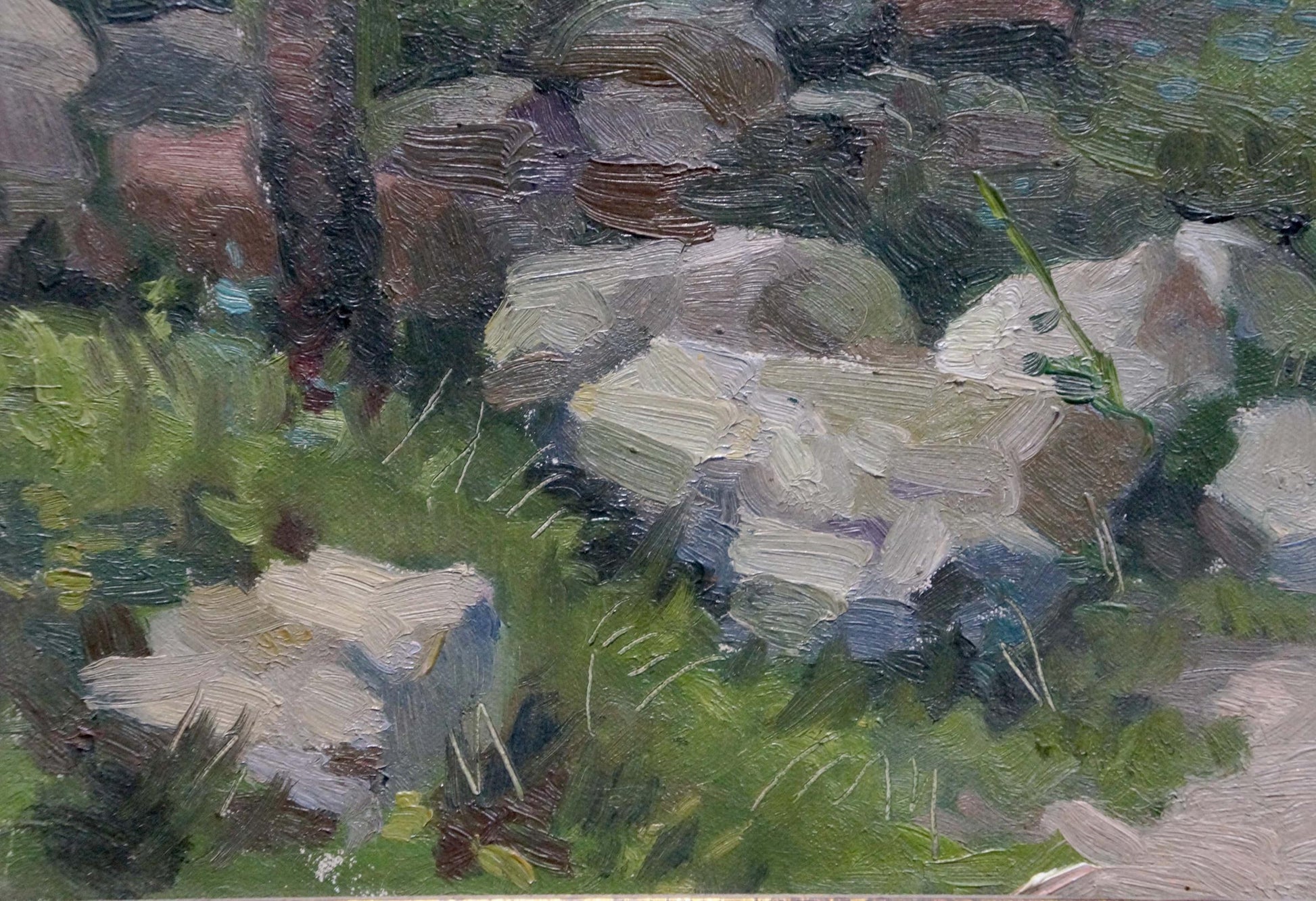 Oil painting Road to the forest by Zuev Mikhail Ivanovich: rocks in green grass