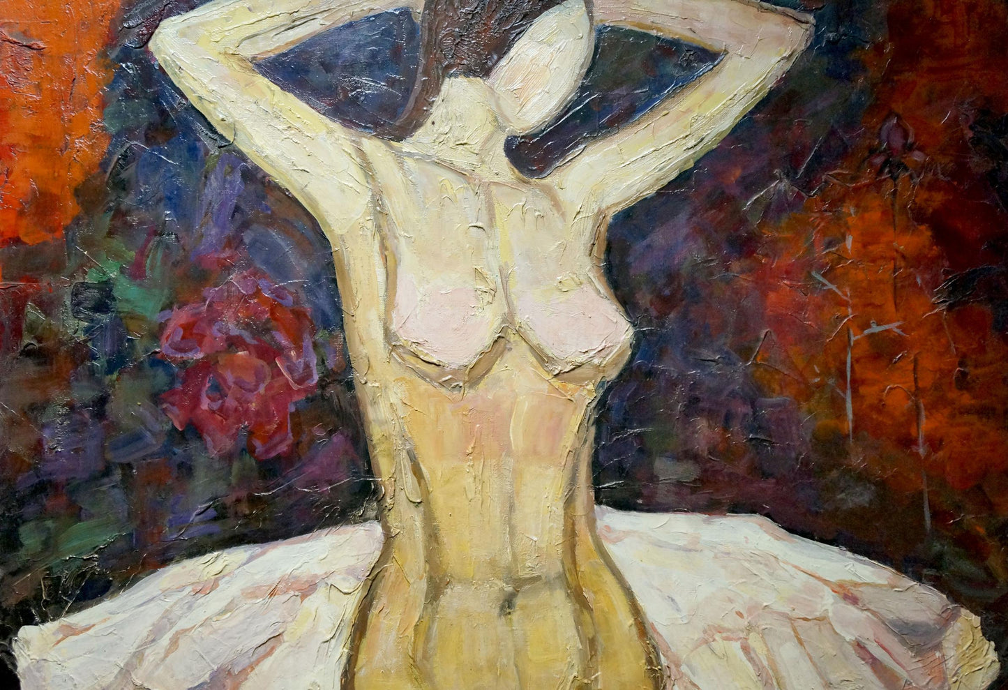 Textured oil painting of figure ballerina in pose with rose thorns by Semykina Lyudmila Nikolaevna