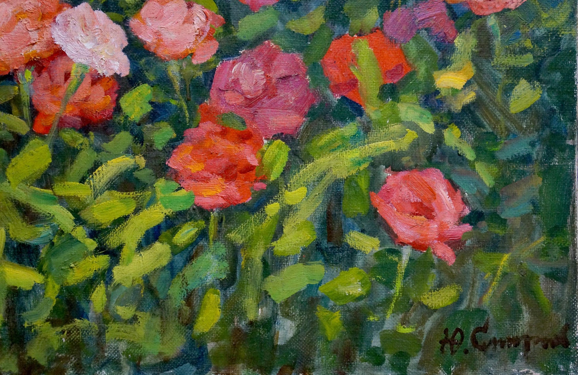 Vibrant oil painting of pink red roses and green foliage by Yuri Alexandrovich Smirnov