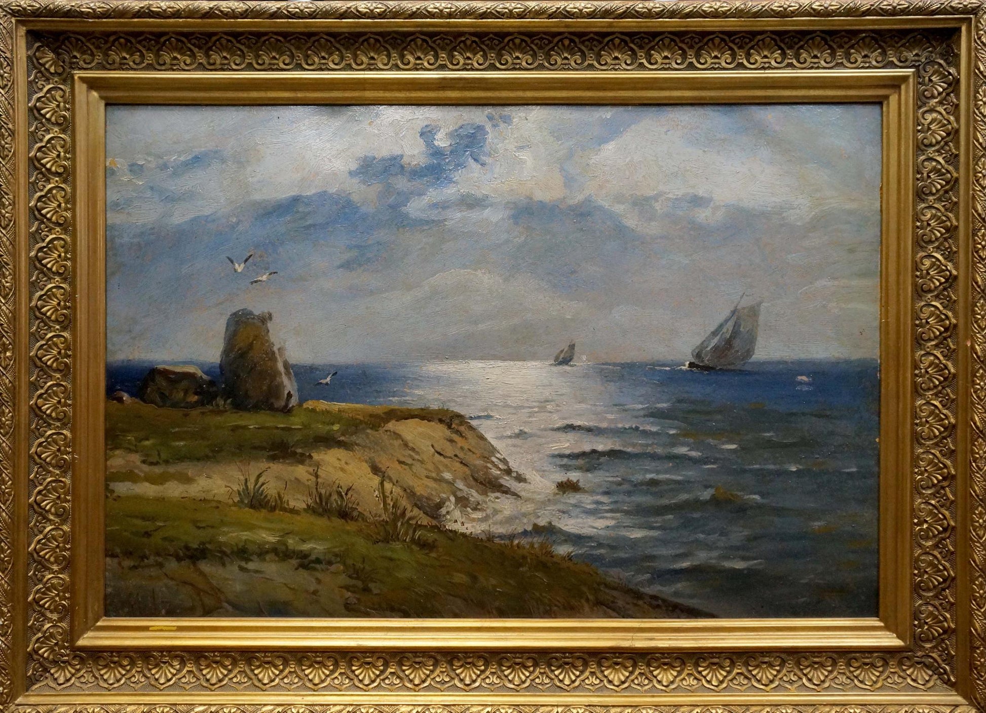 Framed oil painting of holidays at sea on sailboats in blues and greens