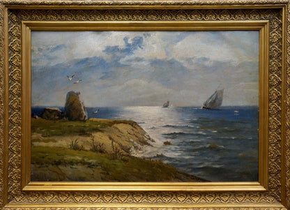 Framed oil painting of holidays at sea on sailboats in blues and greens