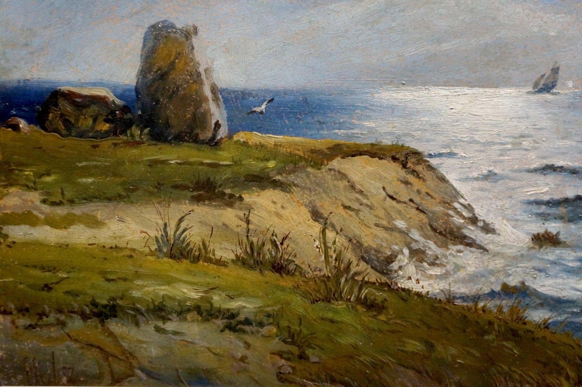 Textured stone monolith on grassy ocean cliffside, oil painting holidays at sea on sailboats