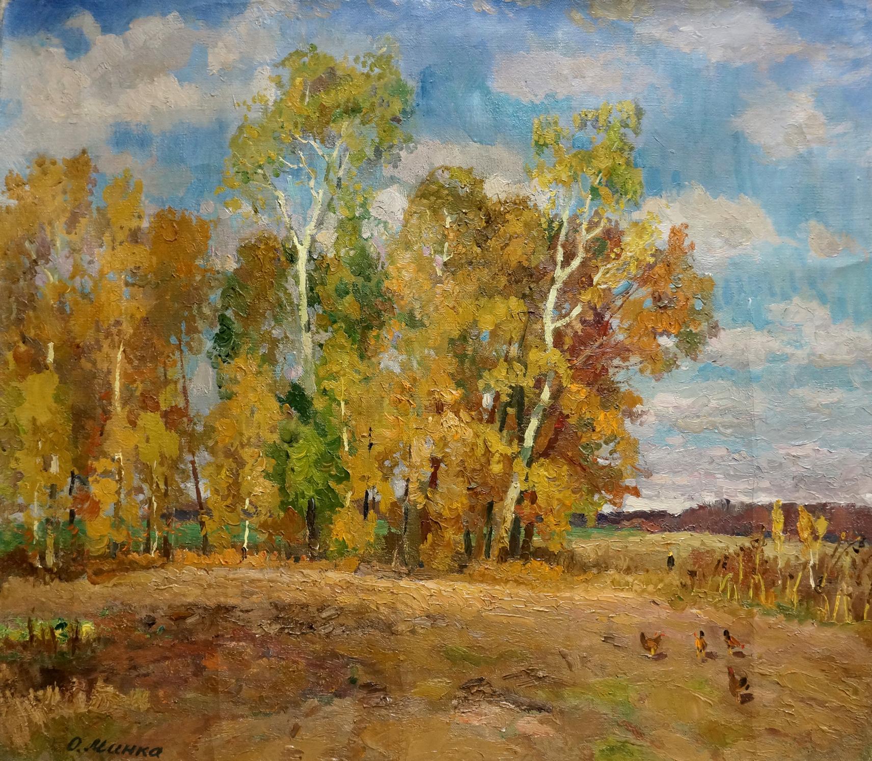 Oil painting Falling golden leaves by Alexander Mynka: autumnal birch trees