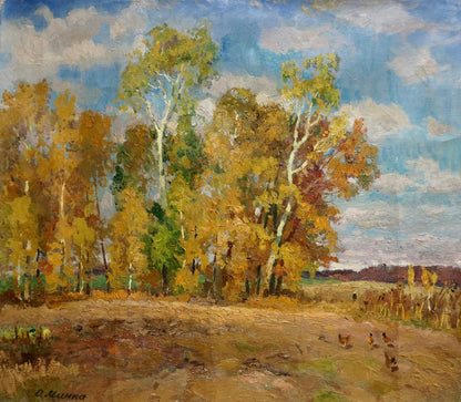 Oil painting Falling golden leaves by Alexander Mynka: autumnal birch trees