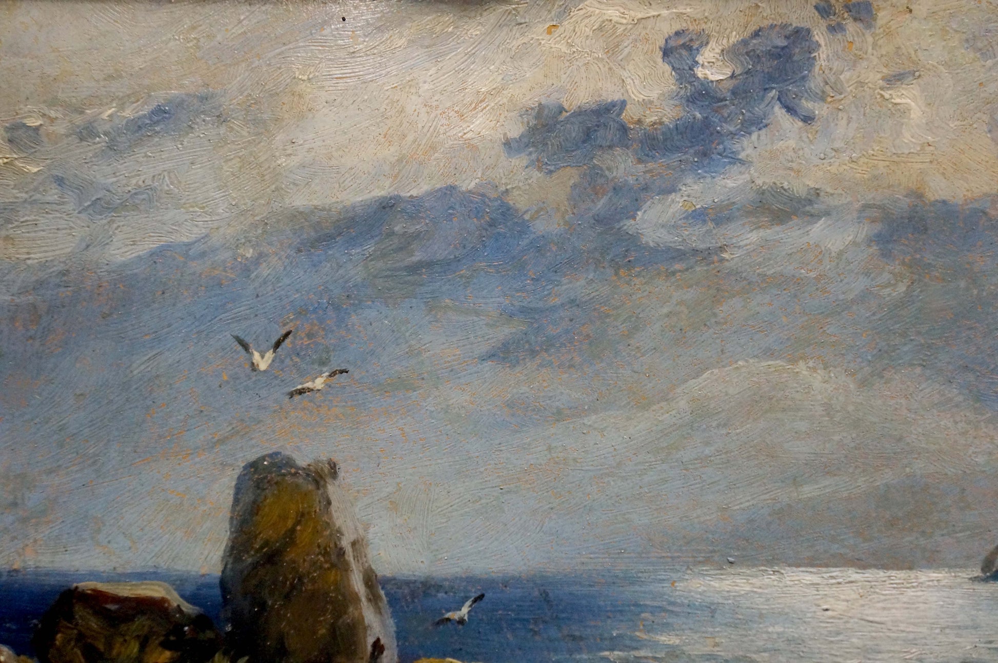 Textured oil painting of Holidays at sea on sailboats with rocks, sea, gulls