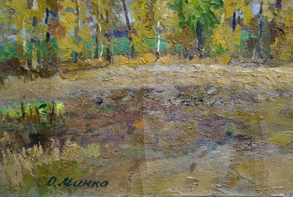 Impressionistic oil painting of falling golden leaves in autumn forest by Alexander Mynka