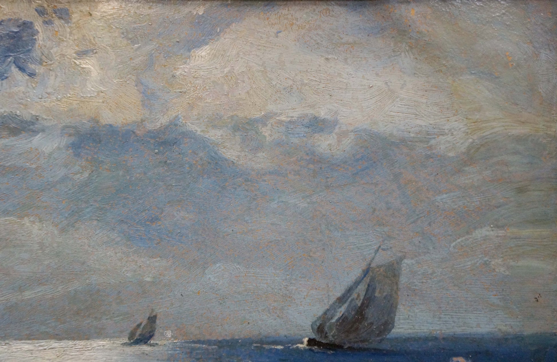 Impressionistic oil painting of sailboats on calm sea under cloudy sky