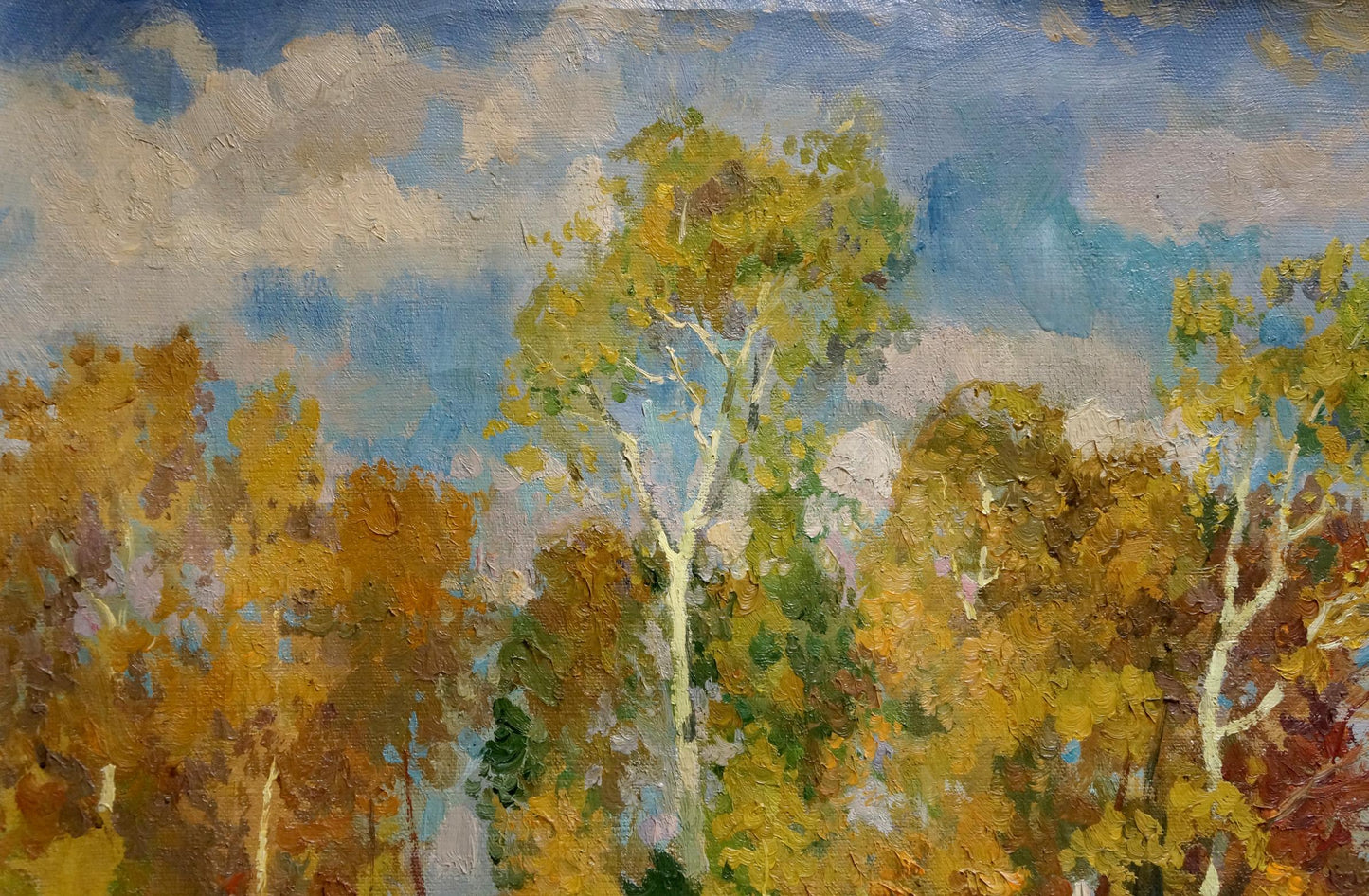 Oil painting Falling golden leaves by Alexander Mynka autumn trees foliage