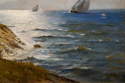Oil painting of Holidays at sea on sailboats with textured blue ocean and cliffs