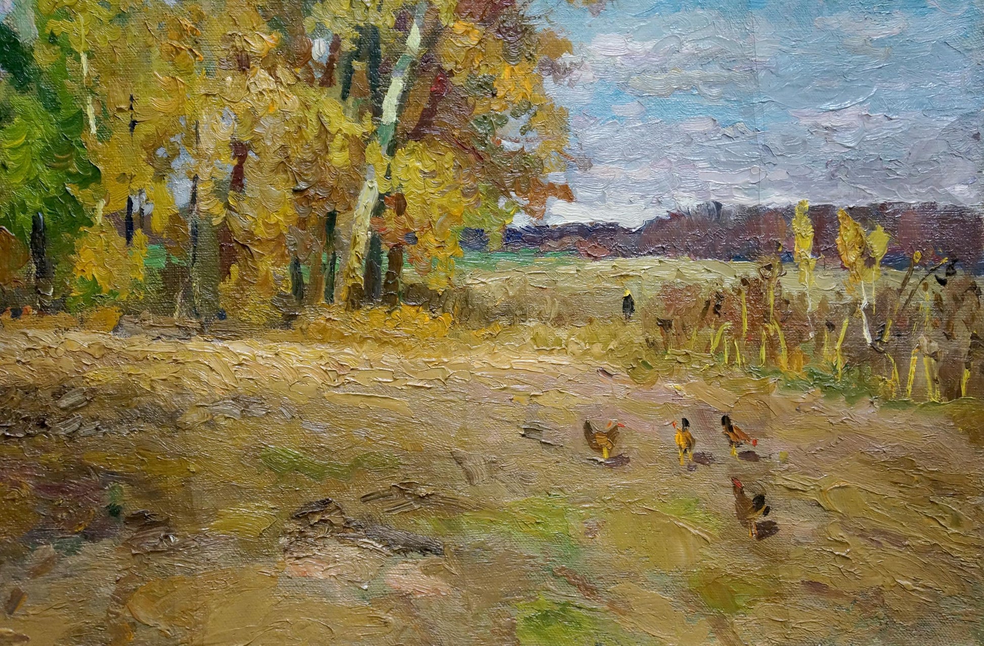 Oil painting Falling golden leaves by Alexander Mynka: autumn trees, path, chickens