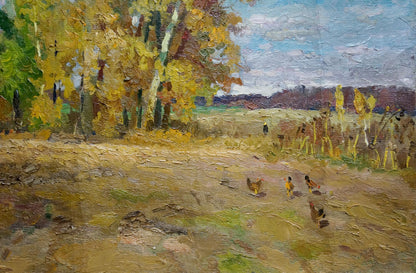 Oil painting Falling golden leaves by Alexander Mynka: autumn trees, path, chickens