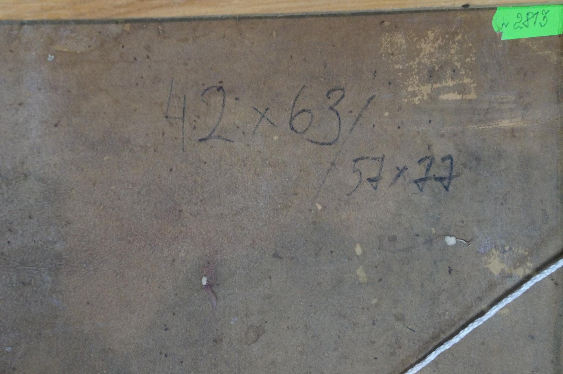 Back of oil painting Holidays at sea on sailboats with weathered concrete measurements and green price tag