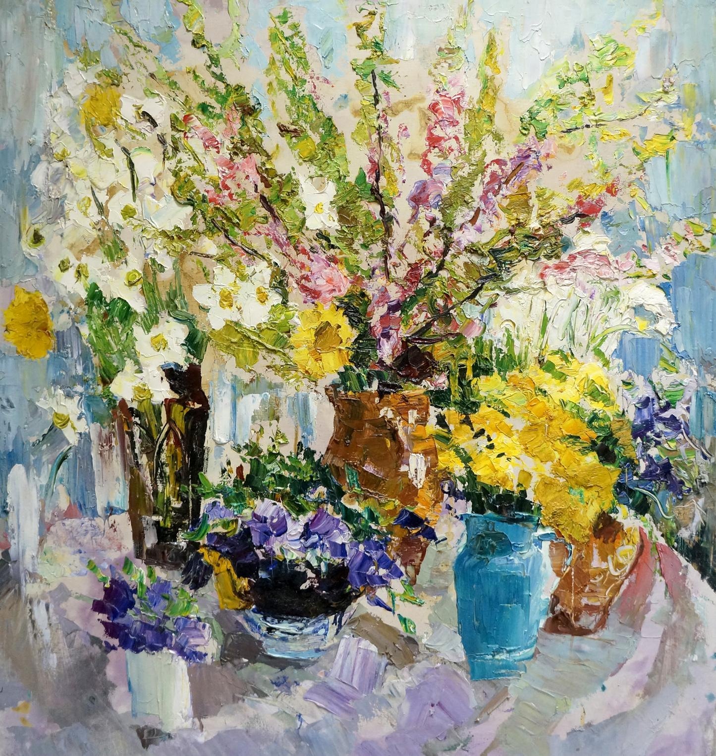 Vibrant impressionistic oil painting of lush flowers in colorful vases by Sergey Shapovalov
