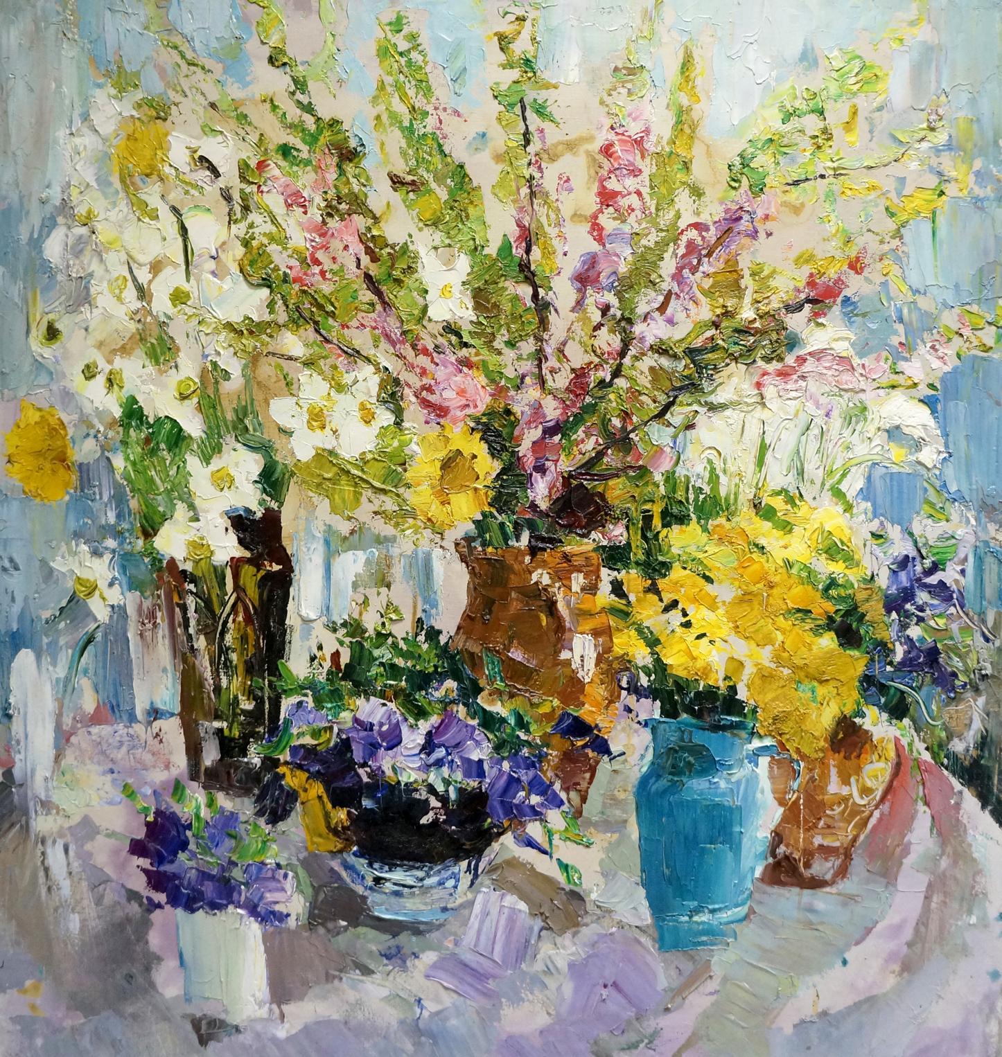 Vibrant impressionistic oil painting of lush flowers in colorful vases by Sergey Shapovalov