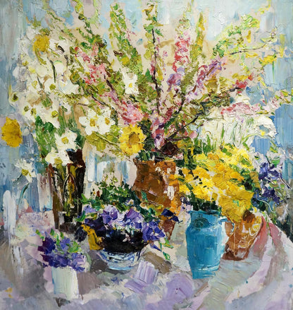 Vibrant impressionistic oil painting of lush flowers in colorful vases by Sergey Shapovalov