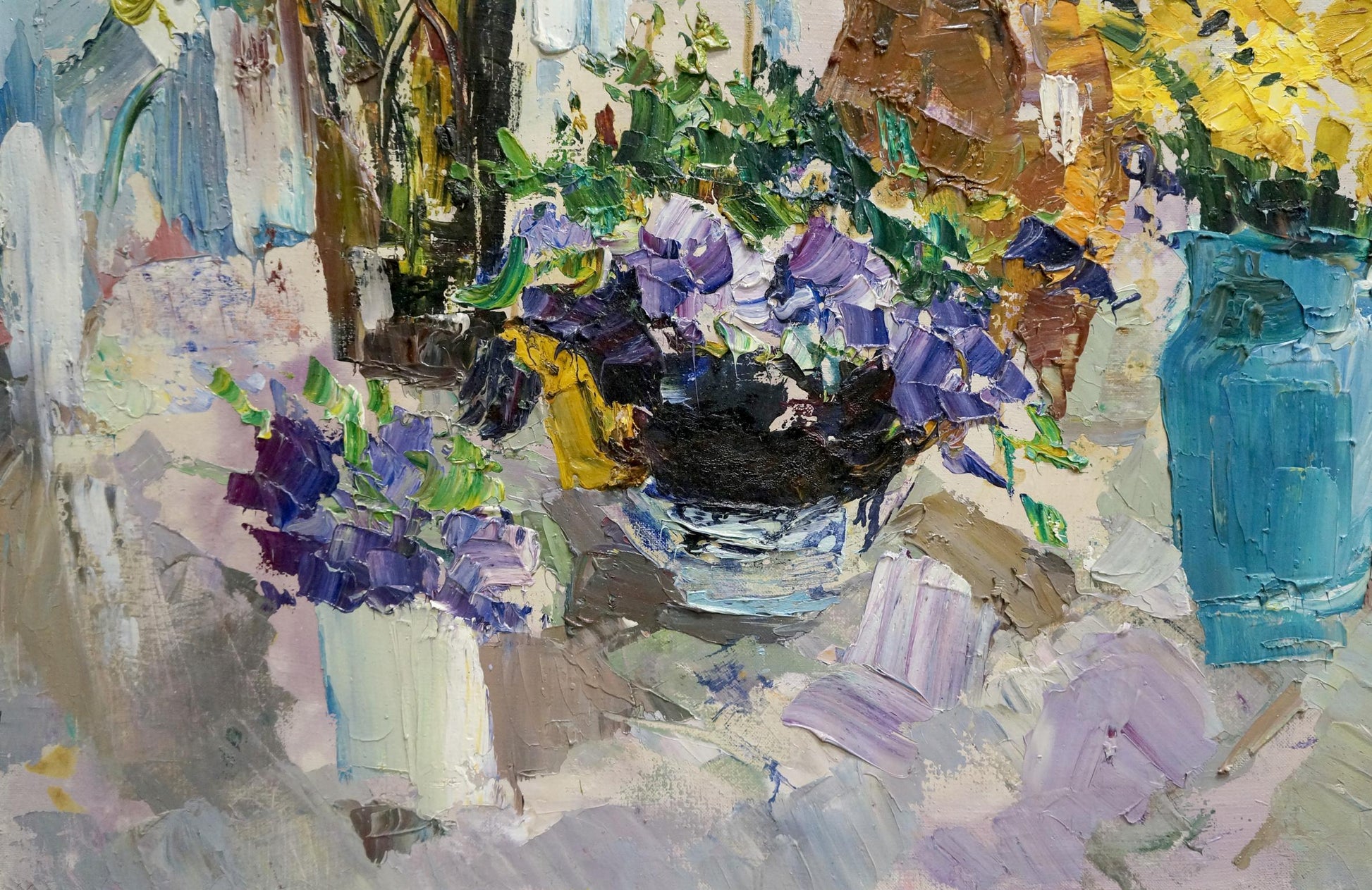 Oil painting of vibrant purple yellow flowers in blue vase by Sergey Shapovalov