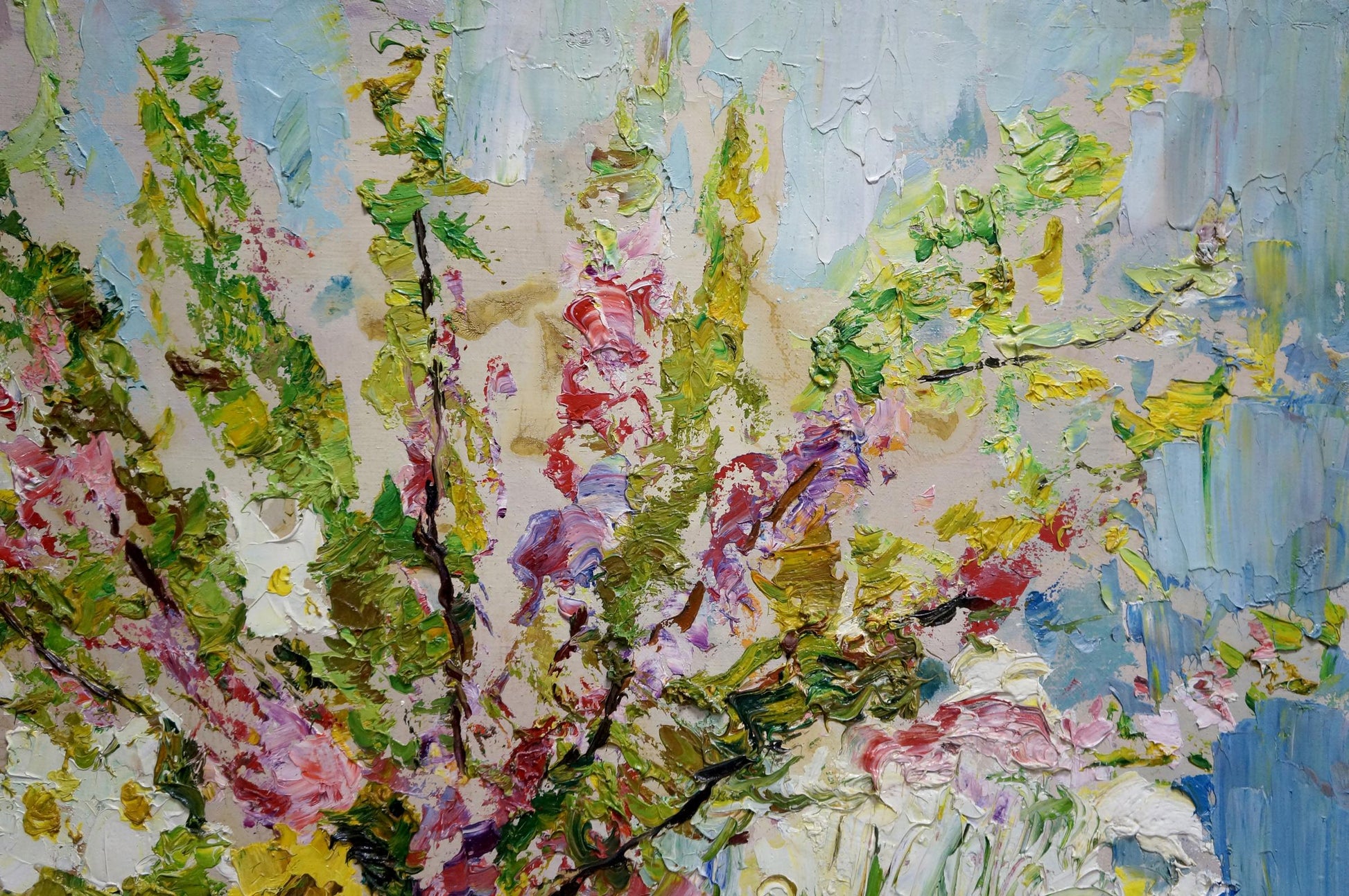 Vibrant impressionist oil painting of flowering bush by Sergey Shapovalov