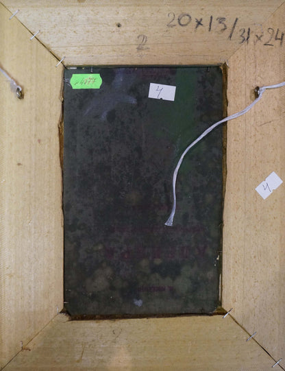 Back of dark green rusty metal panel on Yarovoy oil painting