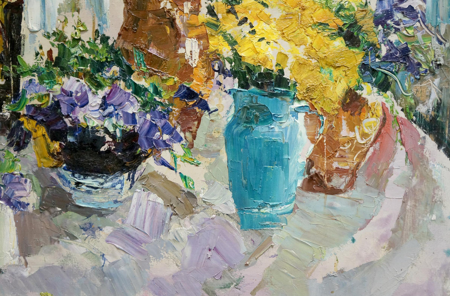 Oil painting of vibrant blue ceramic pitcher with yellow flowers by Sergey Shapovalov