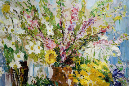 Vibrant impressionist oil painting of flowers in vase by Sergey Shapovalov