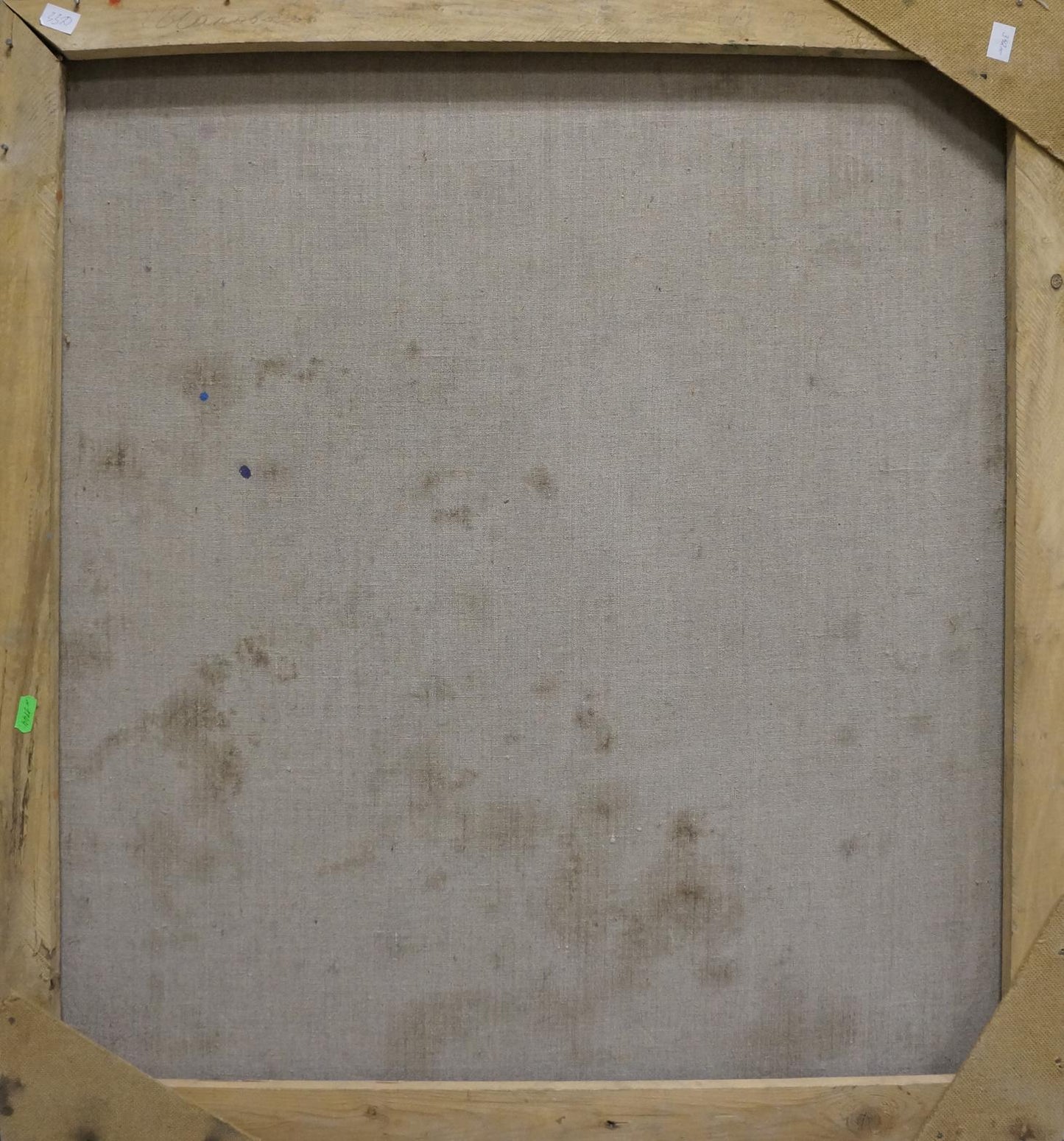 Back of Sergey Shapovalov oil painting canvas with beige linen and wood frame