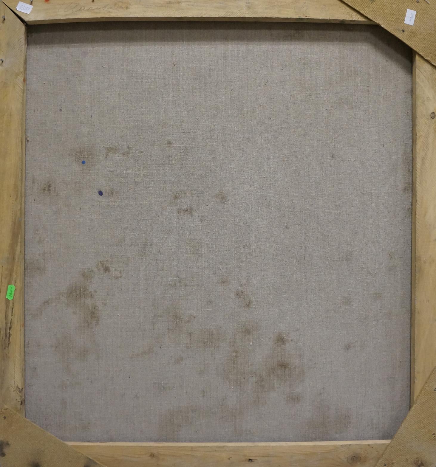 Back of Sergey Shapovalov oil painting canvas with beige linen and wood frame