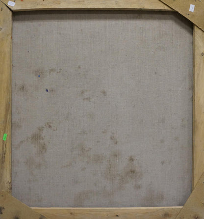 Back of Sergey Shapovalov oil painting canvas with beige linen and wood frame