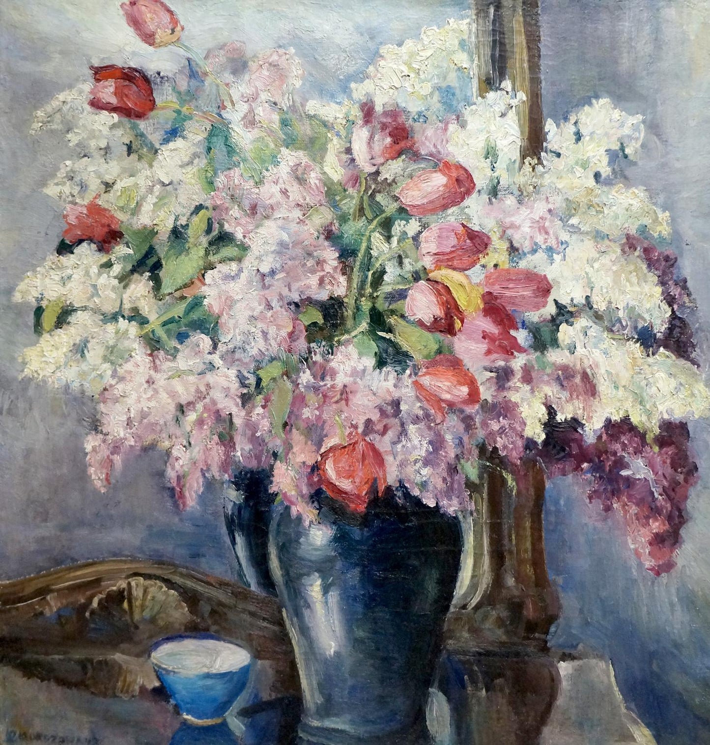 Oil painting of Autumn bouquet: pink, white, purple flowers in dark blue vase